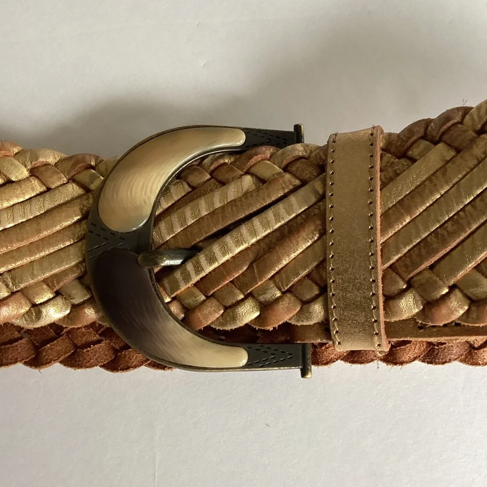 Linea Pelle Belt Small Gold Leather Braided Wide Statement